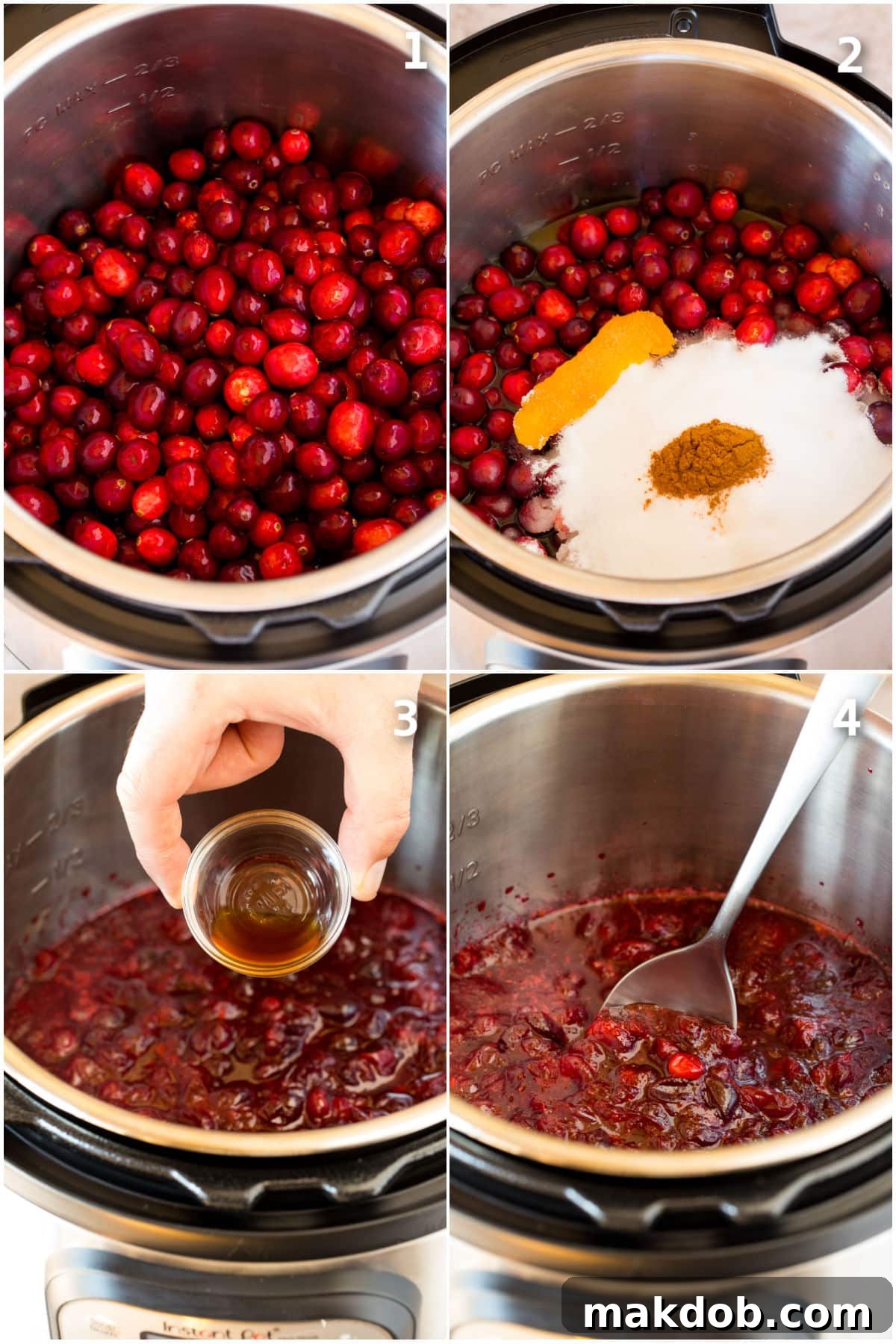 Instant Pot Cranberry Delight 4 Step by step shots showing how to make cranberry sauce in the Instant Pot.
