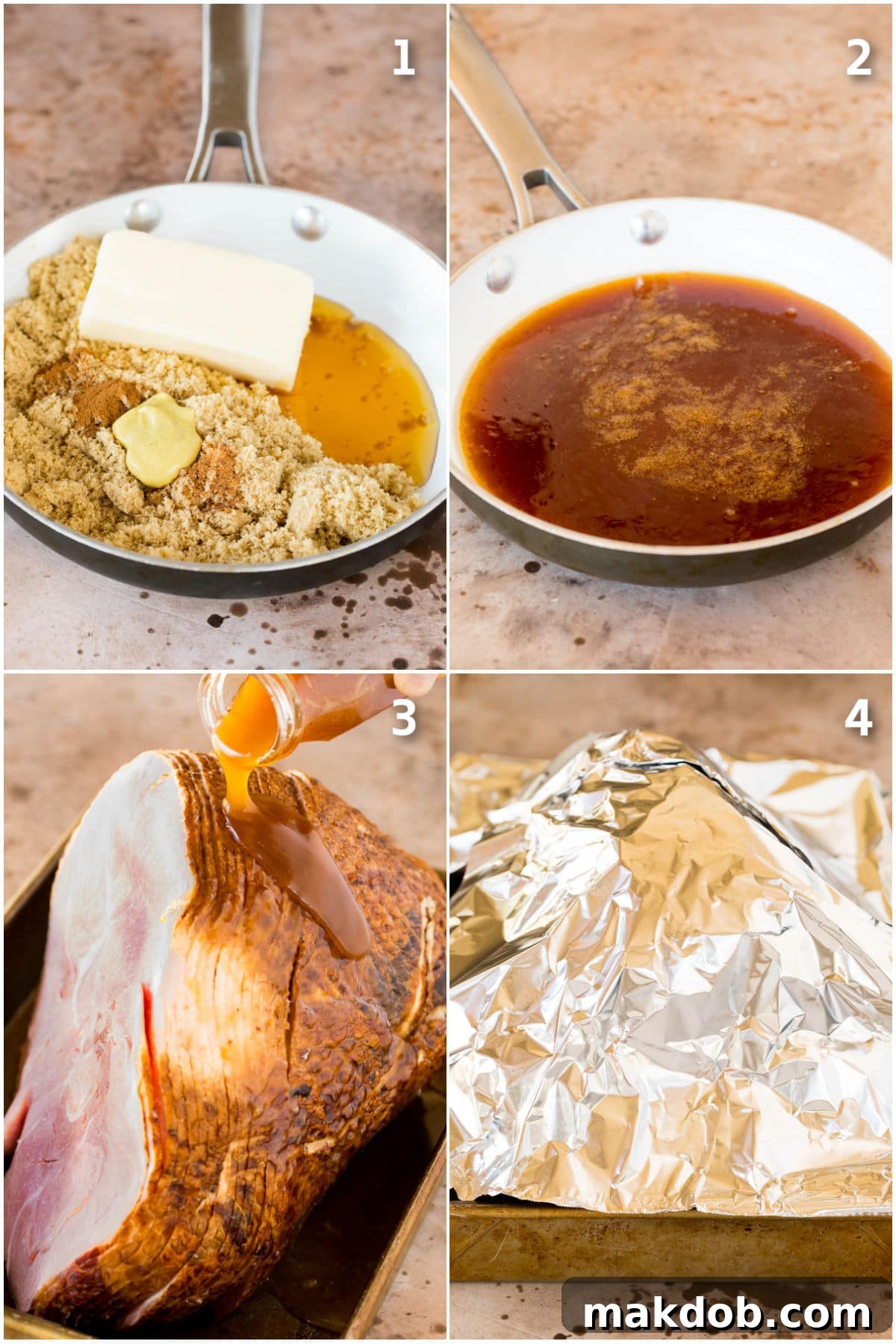 Sweet Glazed Easter Ham 4 A collage showing the process of making the sweet and savory glaze and baking the Easter ham to perfection.