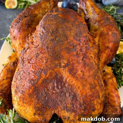 A Cajun turkey on a serving platter garnished with fruit and herbs.