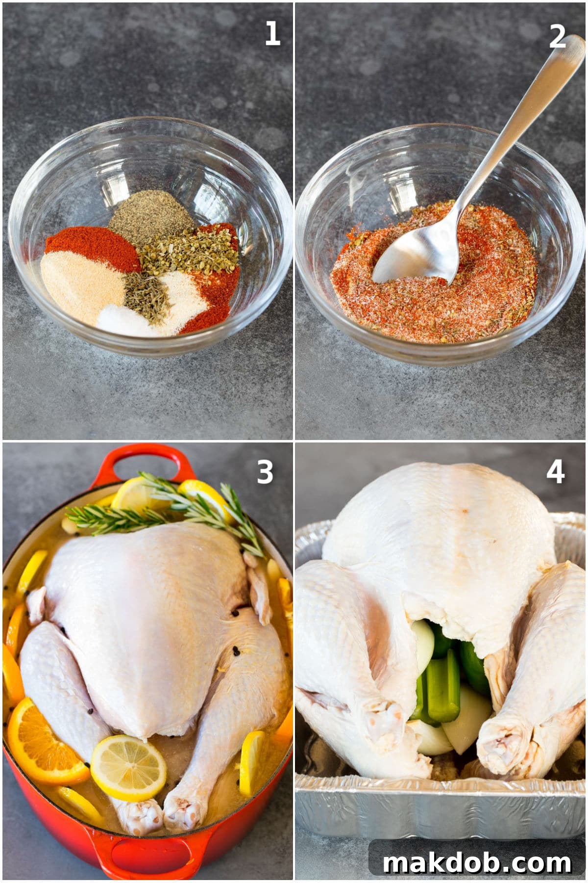 Spicy Cajun Turkey Feast 4 A collage showing steps of preparing Cajun turkey: mixing spices, brining the turkey, and stuffing its cavity with vegetables.