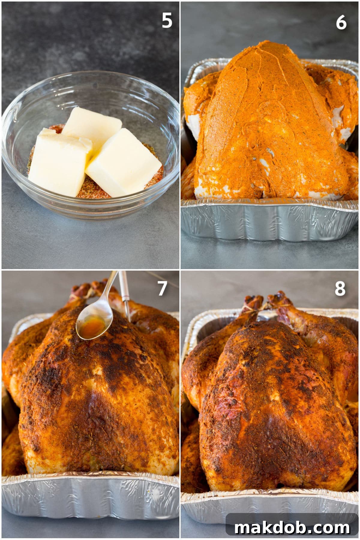 Spicy Cajun Turkey Feast 5 A collage showing the preparation of homemade Cajun butter and its application, being rubbed all over the turkey surface and under the skin.