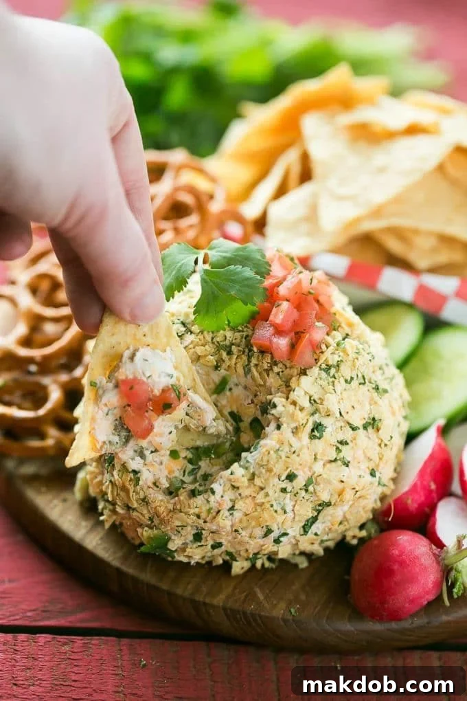 A tortilla chip scooping out a generous portion of the creamy jalapeno cheddar cheese ball.