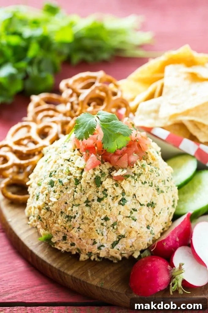 A beautifully presented cheddar cheese ball served on a platter with a variety of dippers including fresh vegetables, crispy tortilla chips, and crunchy pretzels.