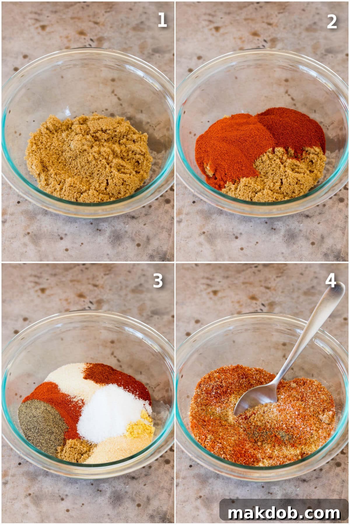 A visual collage showing the step-by-step process of mixing the smoked turkey rub: individual spices in bowls, then being poured into a larger bowl, and finally stirred together to form the perfect blend.