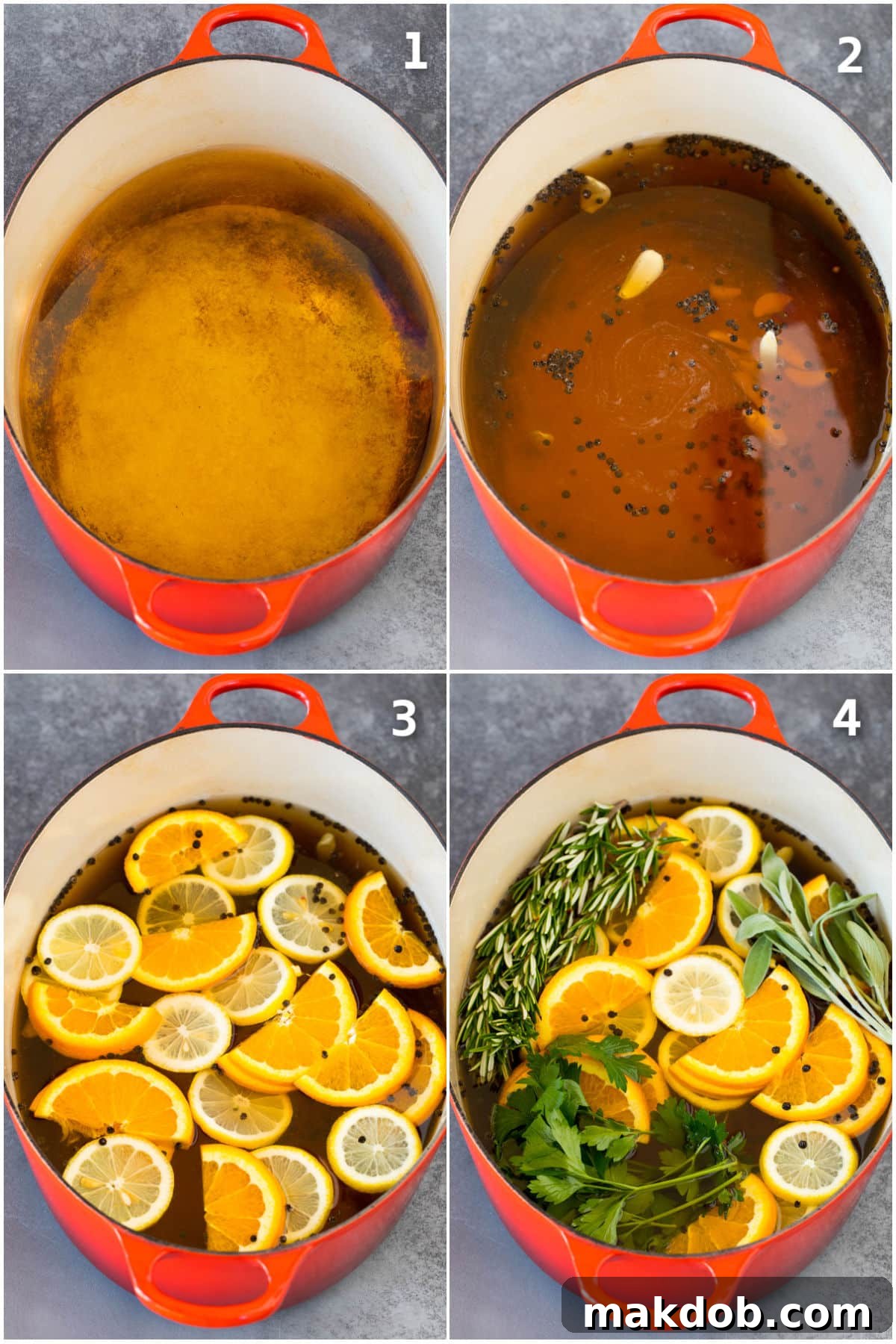 Step by step process shots showing how to make smoked turkey brine.