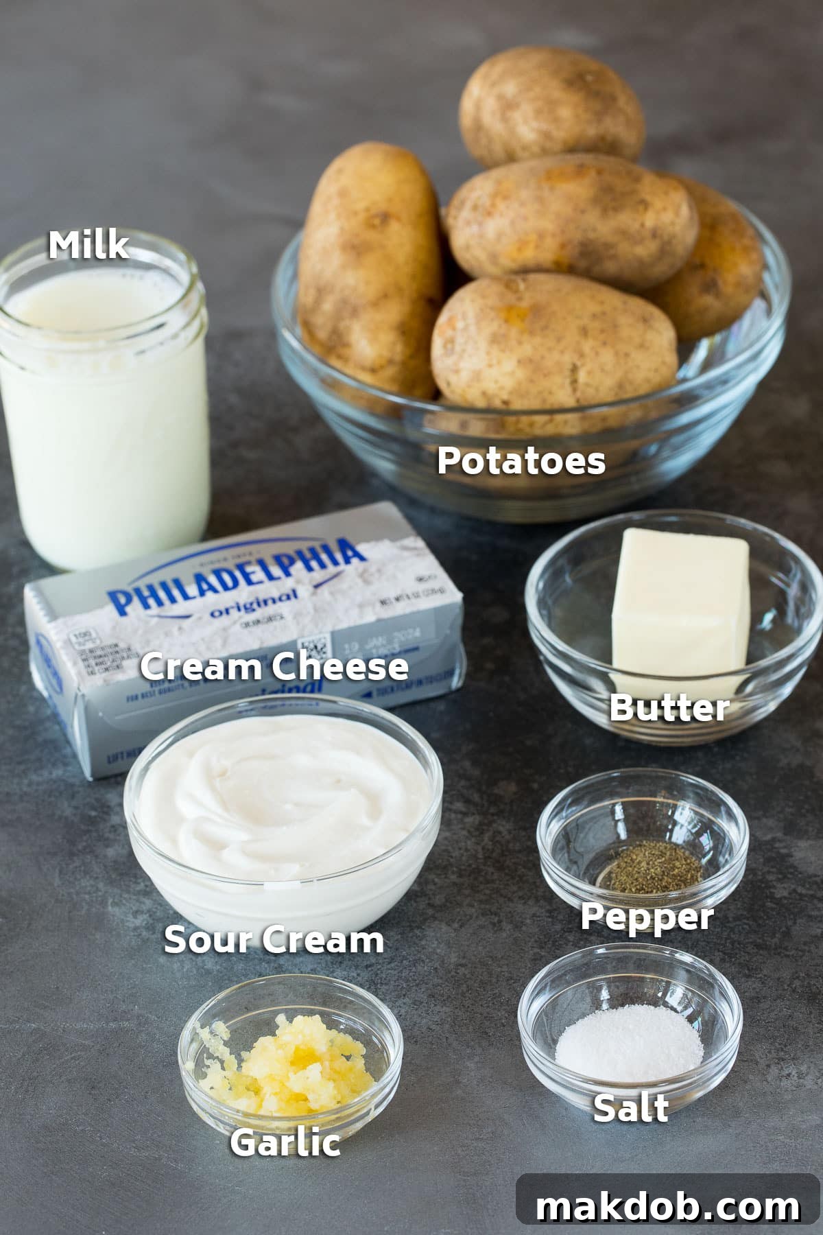 Velvety Sour Cream Mash 3 Ingredients including potatoes, cream cheese, sour cream, butter and seasonings.