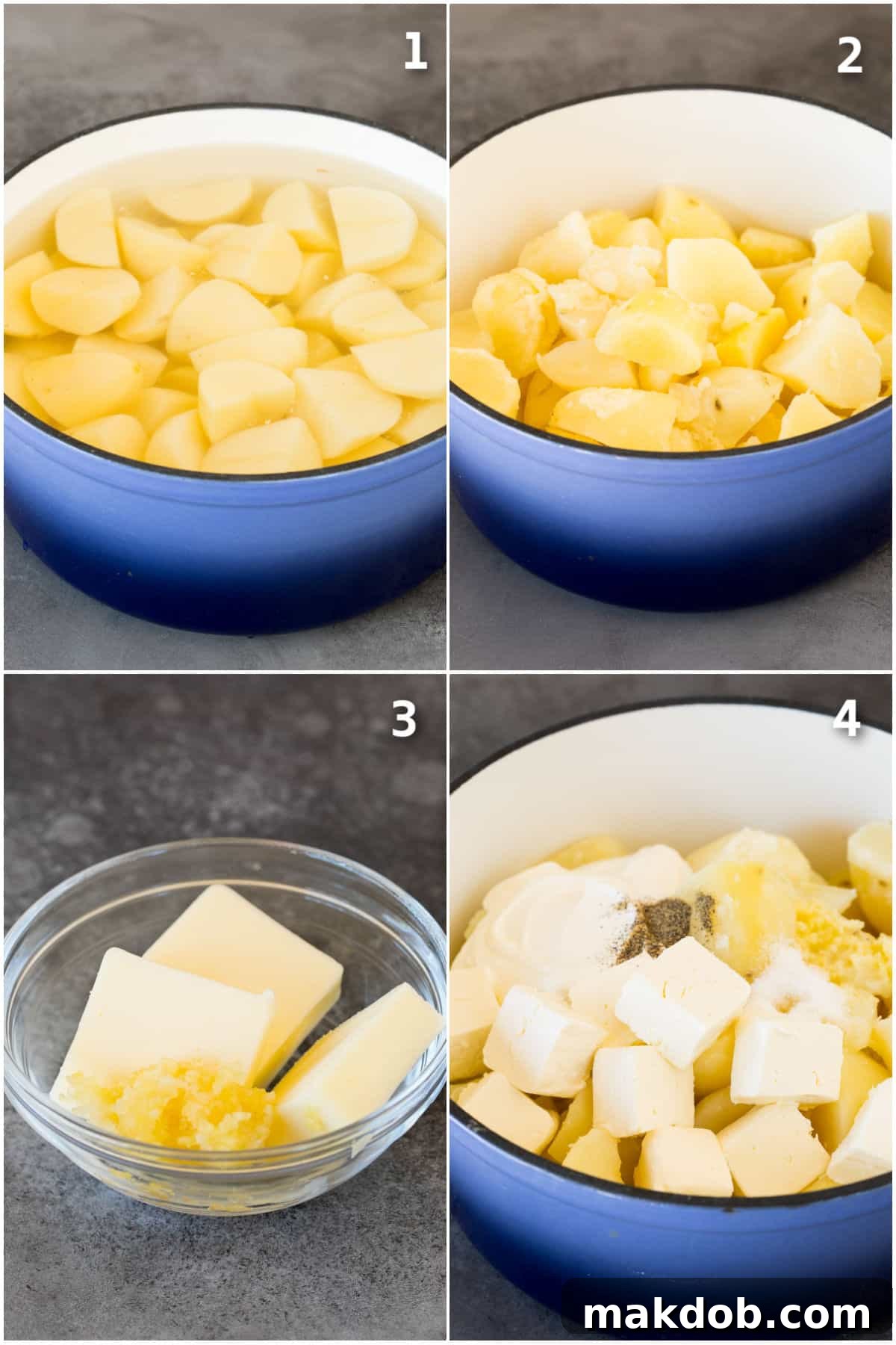 Velvety Sour Cream Mash 4 Boiled potatoes in a pot and being mashed with ingredients such as garlic butter.