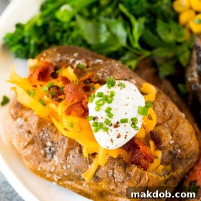 Air fryer baked potatoes served with steak and vegetables.