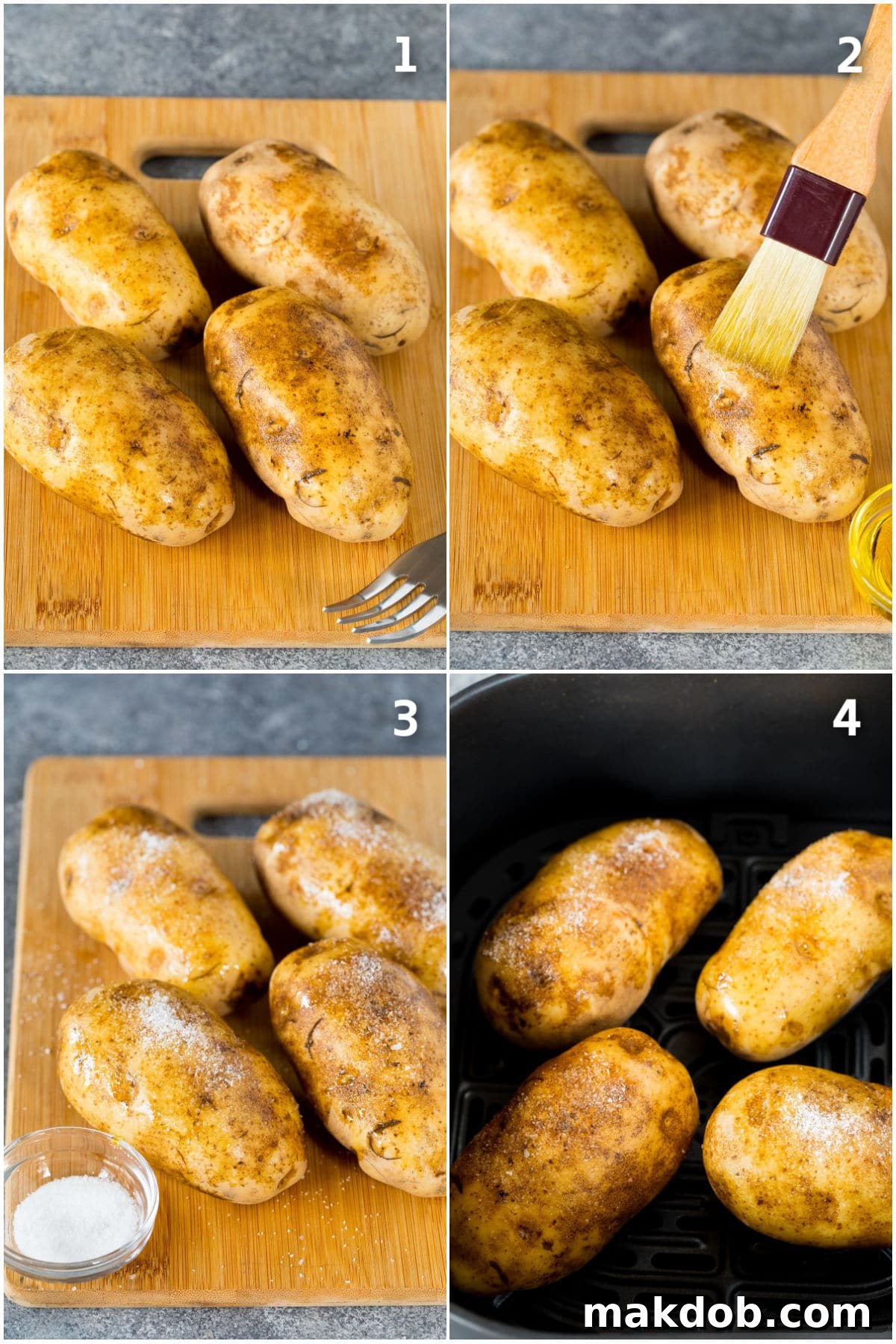 Step by step shots showing how to air fry baked potatoes.
