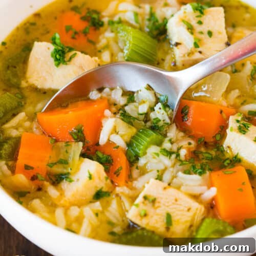 A bowl of turkey and rice soup with a spoon in it.