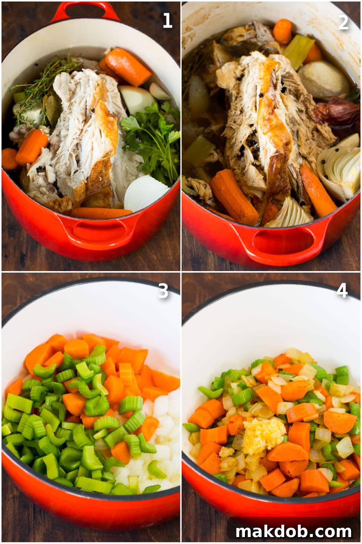 A collage showing the soup-making process: turkey broth simmering in one pot and fresh vegetables sautéing in another.