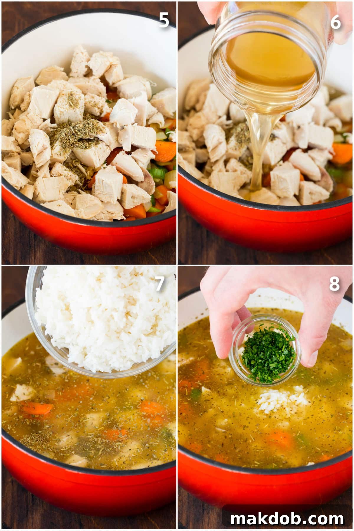 Cooked turkey and rice being gently stirred into a simmering pot of soup with vegetables and broth.