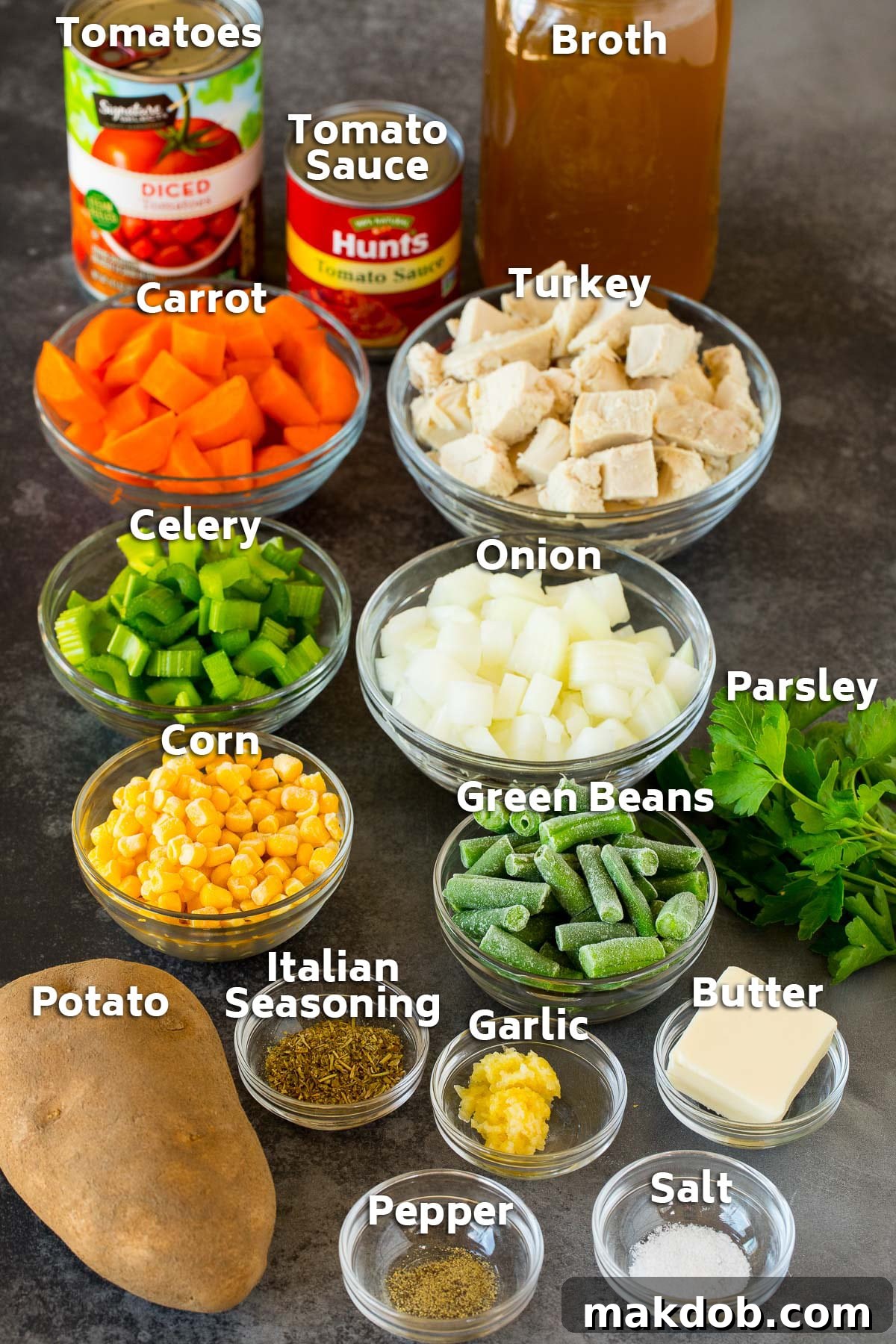 Bowls filled with prepped ingredients for turkey vegetable soup, featuring diced cooked turkey, a colorful mix of fresh and frozen vegetables, and various seasonings, all ready for the soup pot.