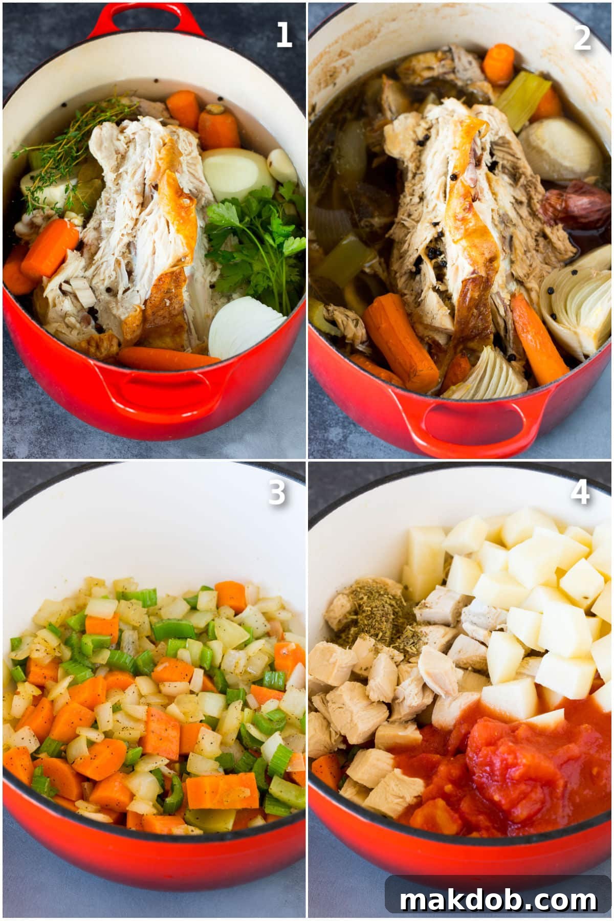 A collage showing the process of making turkey vegetable soup, from simmering homemade turkey broth to sautéing vegetables in a soup pot.