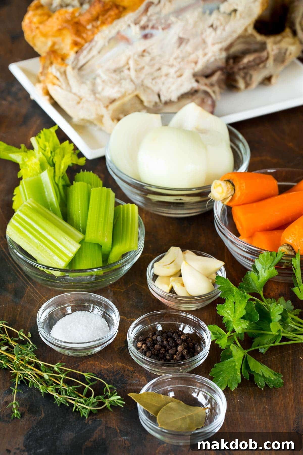 Turkey Broth Ingredients Ingredients including carrots, celery, herbs and spices.