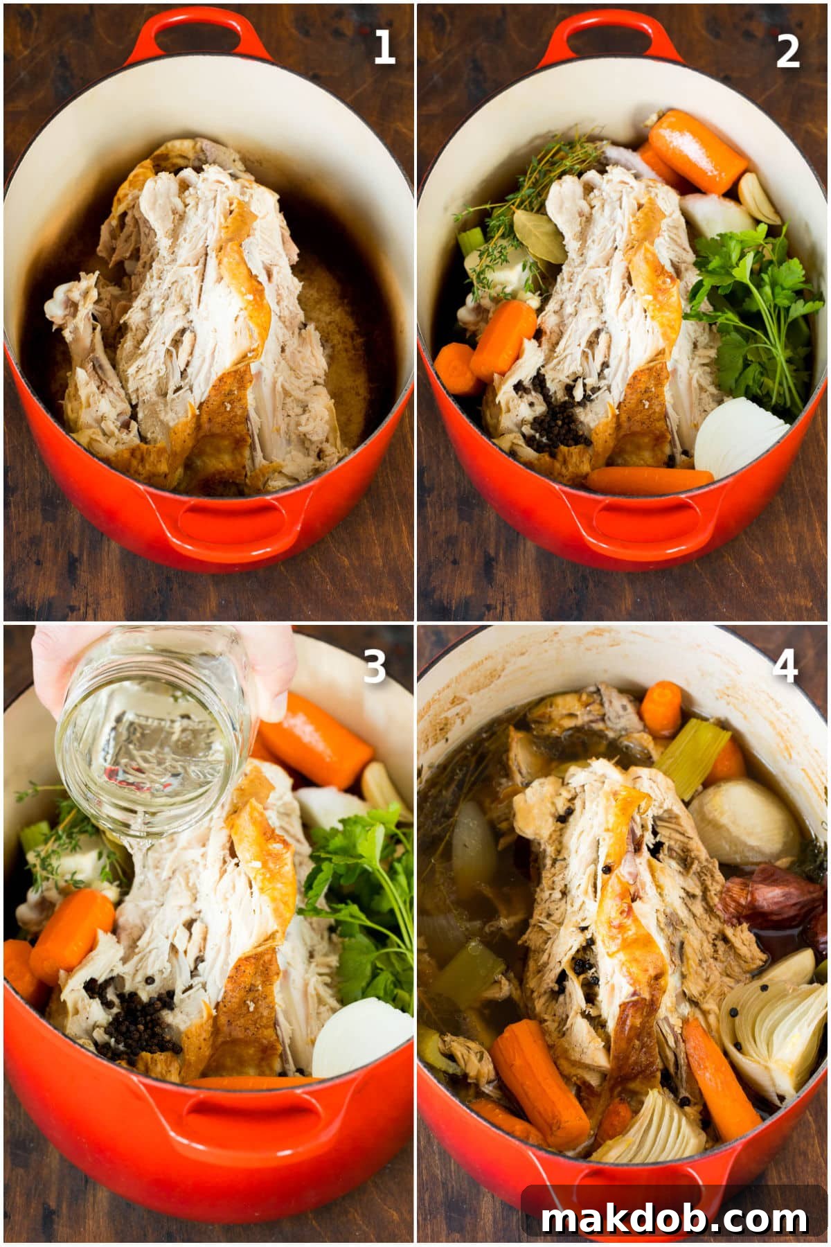 Turkey Broth Simmering Process A turkey carcass in a pot with vegetables, herbs and water.