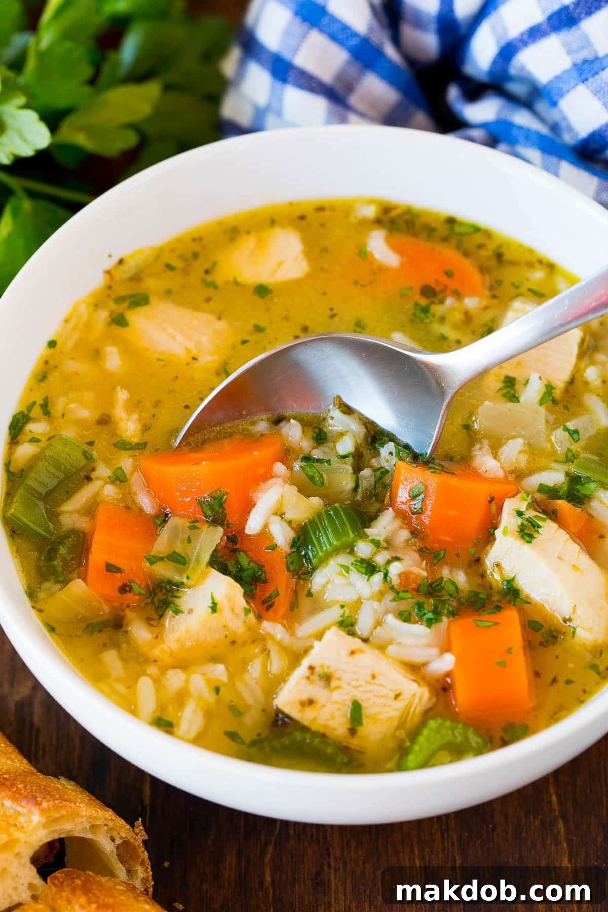 Turkey Broth Soup A bowl of soup made with homemade turkey broth, vegetables and rice.