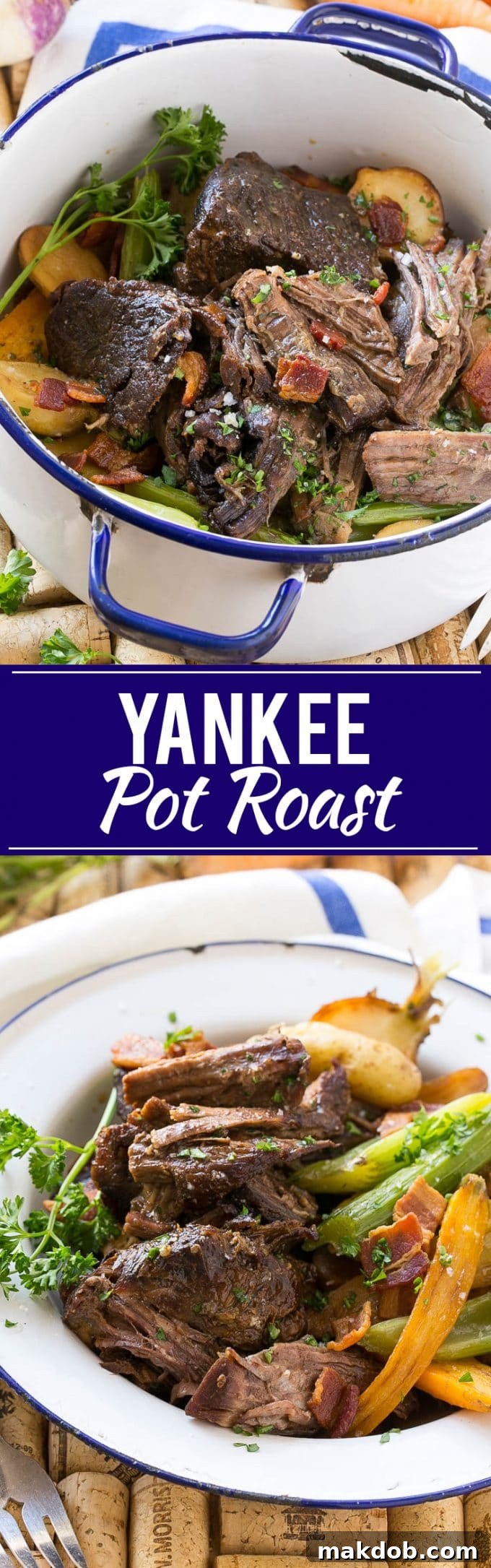 Hearty Yankee Pot Roast with fork-tender beef, crisp bacon, and wholesome vegetables - a classic comfort food dinner.