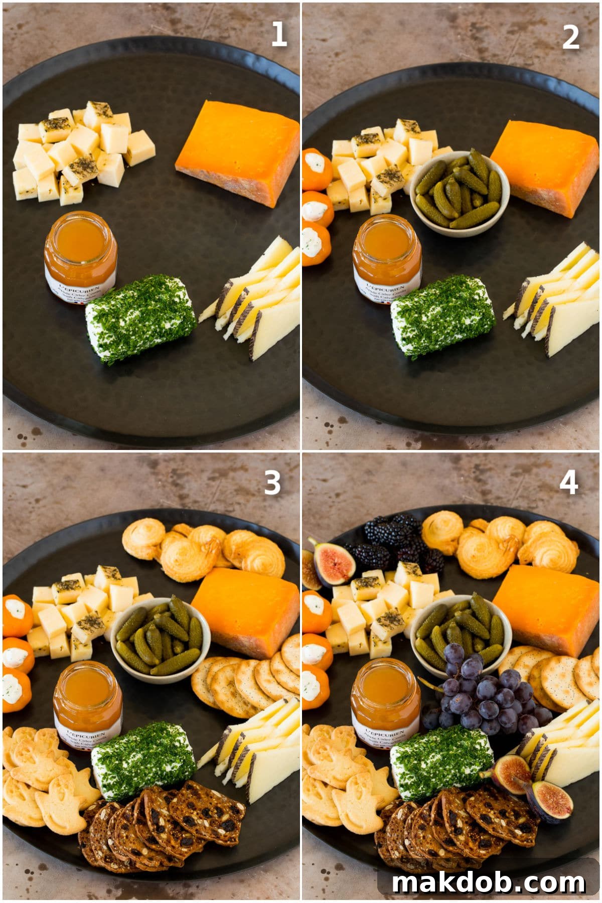 Step by step shots showing how to assemble a cheese platter, from initial placement to final garnishing.