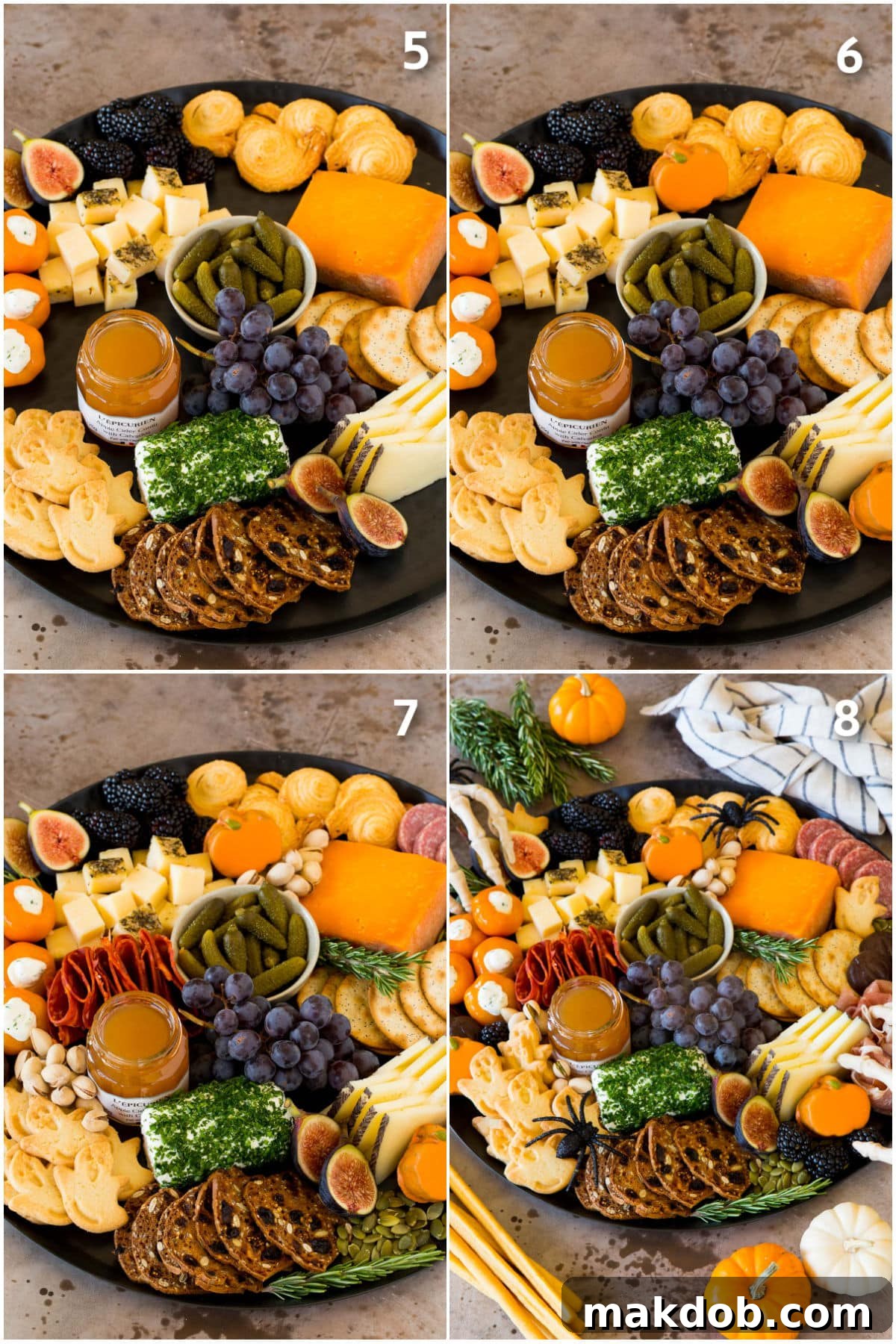 Close-up process shots illustrating how to arrange elements on a charcuterie board.