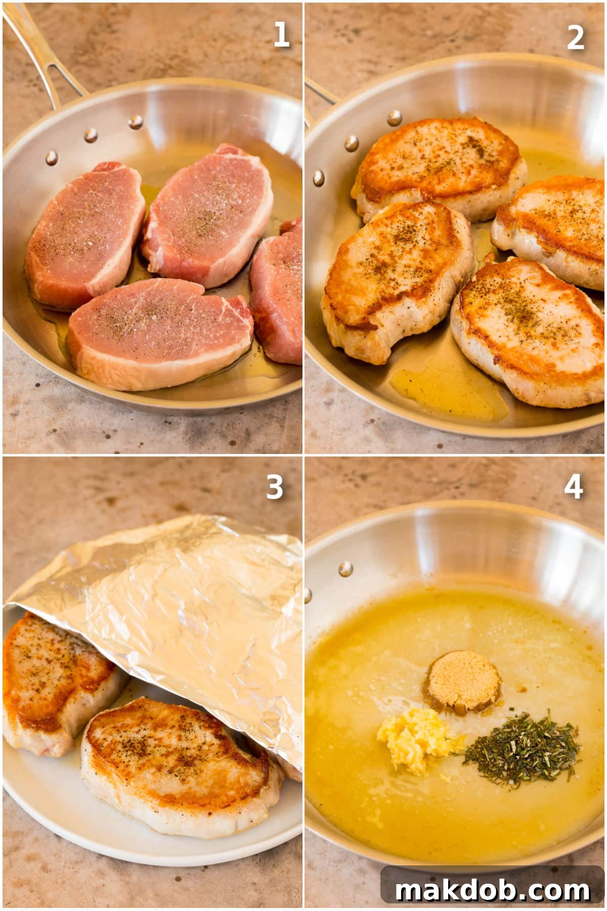 A step-by-step visual guide showing the process of searing boneless pork chops and preparing the butter sauce in a skillet.