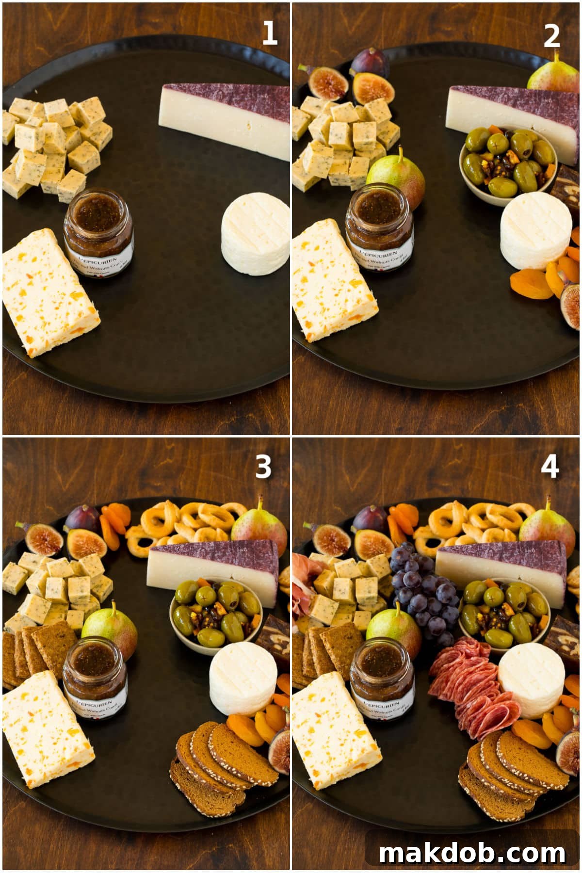 Step-by-step images demonstrating the process of assembling a meat and cheese platter, from initial placement to final garnishes.