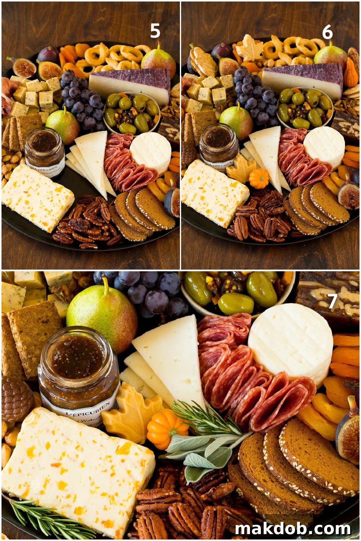 Detailed process shots illustrating various stages of assembling a charcuterie board, from initial layout to adding final details.