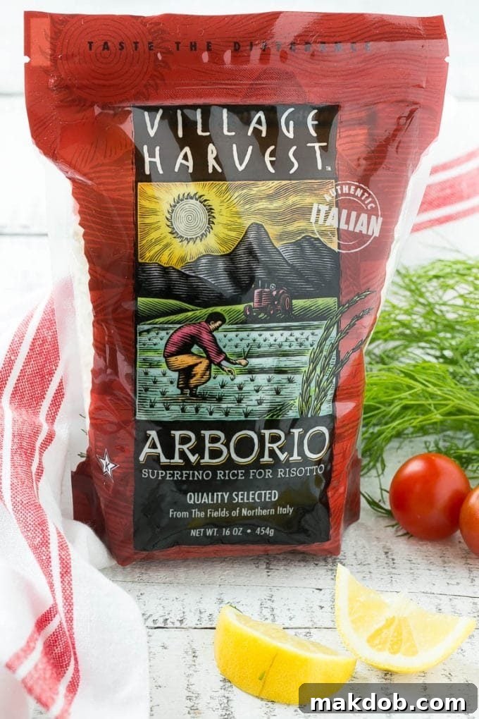 A bag of Village Harvest Arborio rice, essential for the creamy texture.