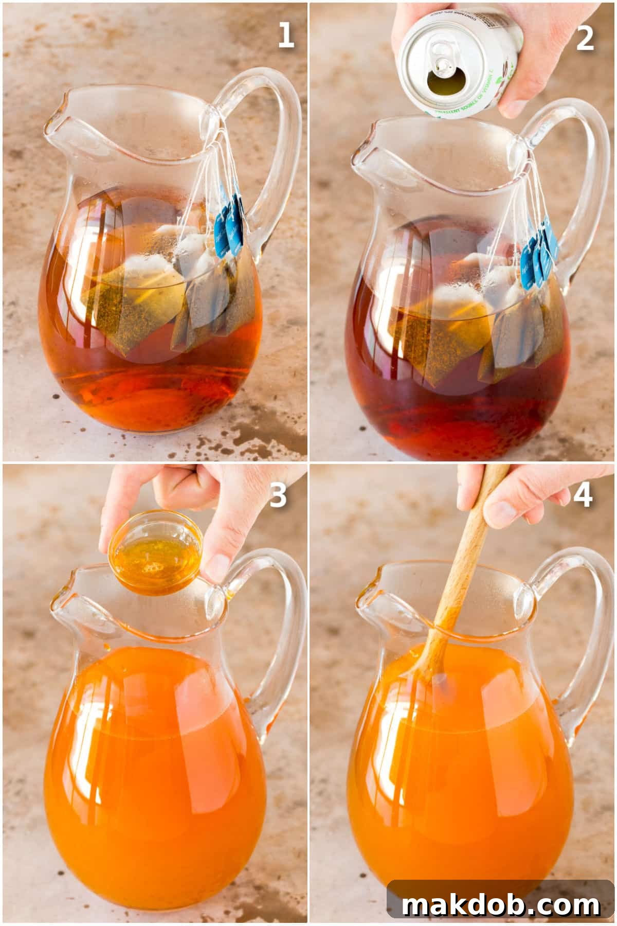 A collage of process shots showing boiling water, steeping tea, adding mango nectar, and chilling the tea in a pitcher.