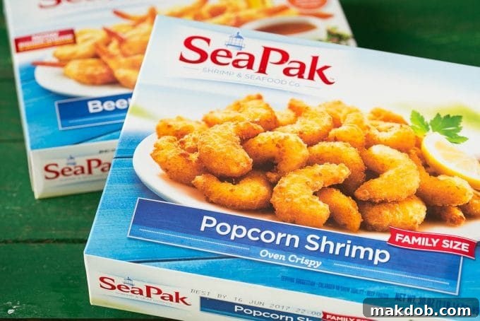 A close-up of a bag of SeaPak popcorn shrimp.