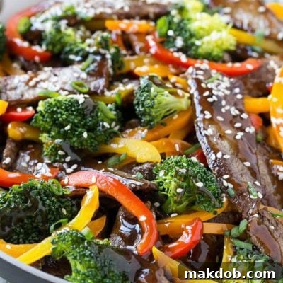 Delicious Teriyaki Beef Stir Fry with a homemade sauce and fresh vegetables.