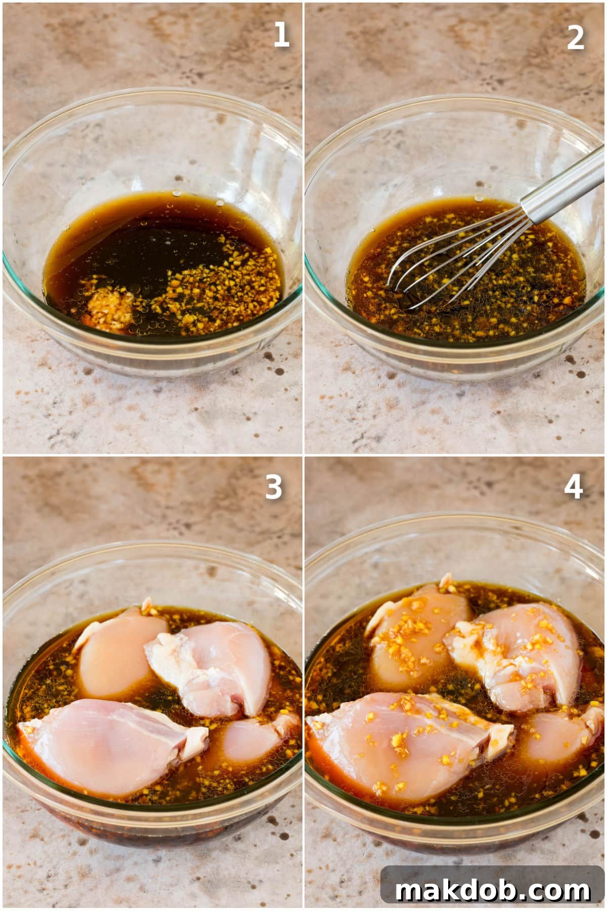 A step-by-step visual collage demonstrating the easy process of mixing teriyaki marinade ingredients in a bowl.