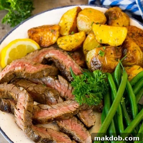 Next-Level Skirt Steak Marinade 7 Steak coated in skirt steak marinade, sliced and served with potatoes and green beans.