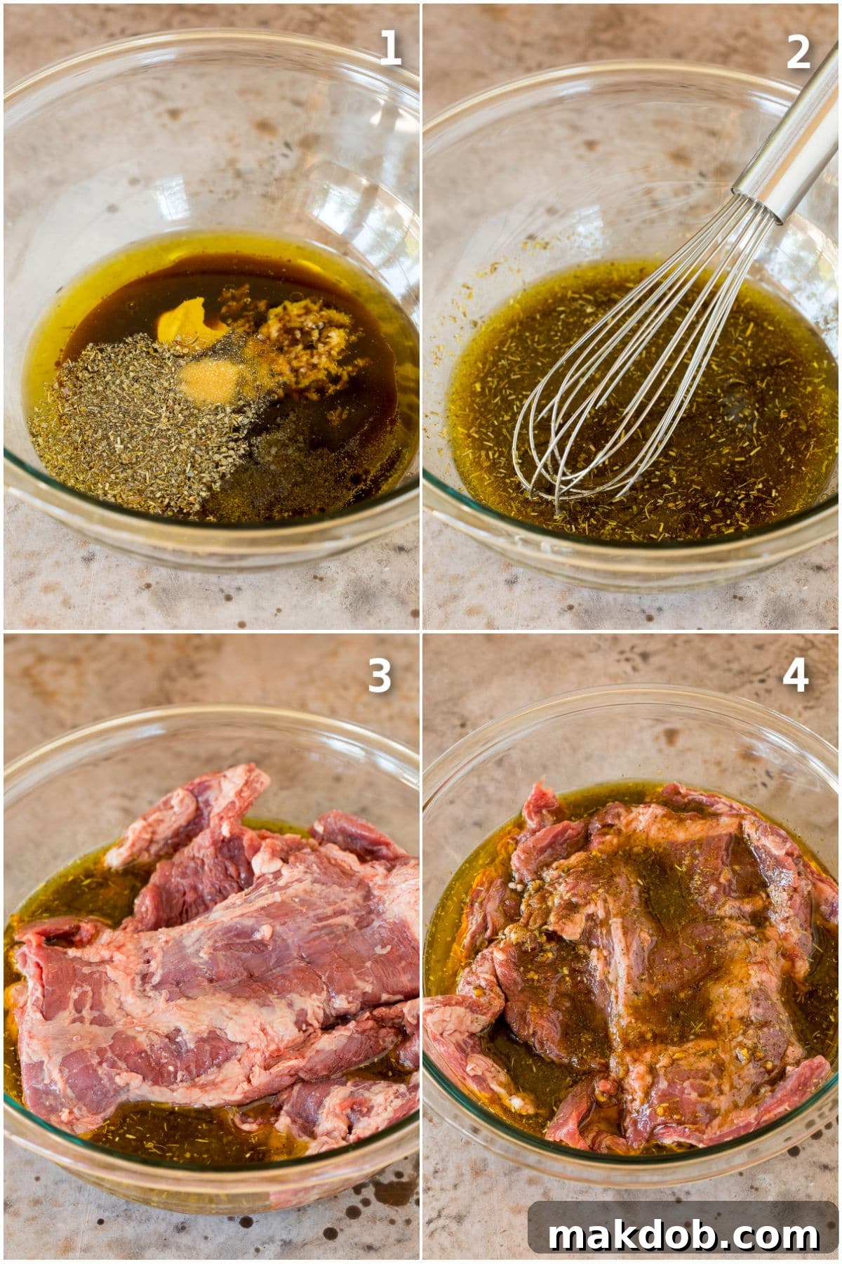 Next-Level Skirt Steak Marinade 4 Step-by-step process showing ingredients for skirt steak marinade being mixed in a bowl, then poured over the steak in a resealable bag for marinating.