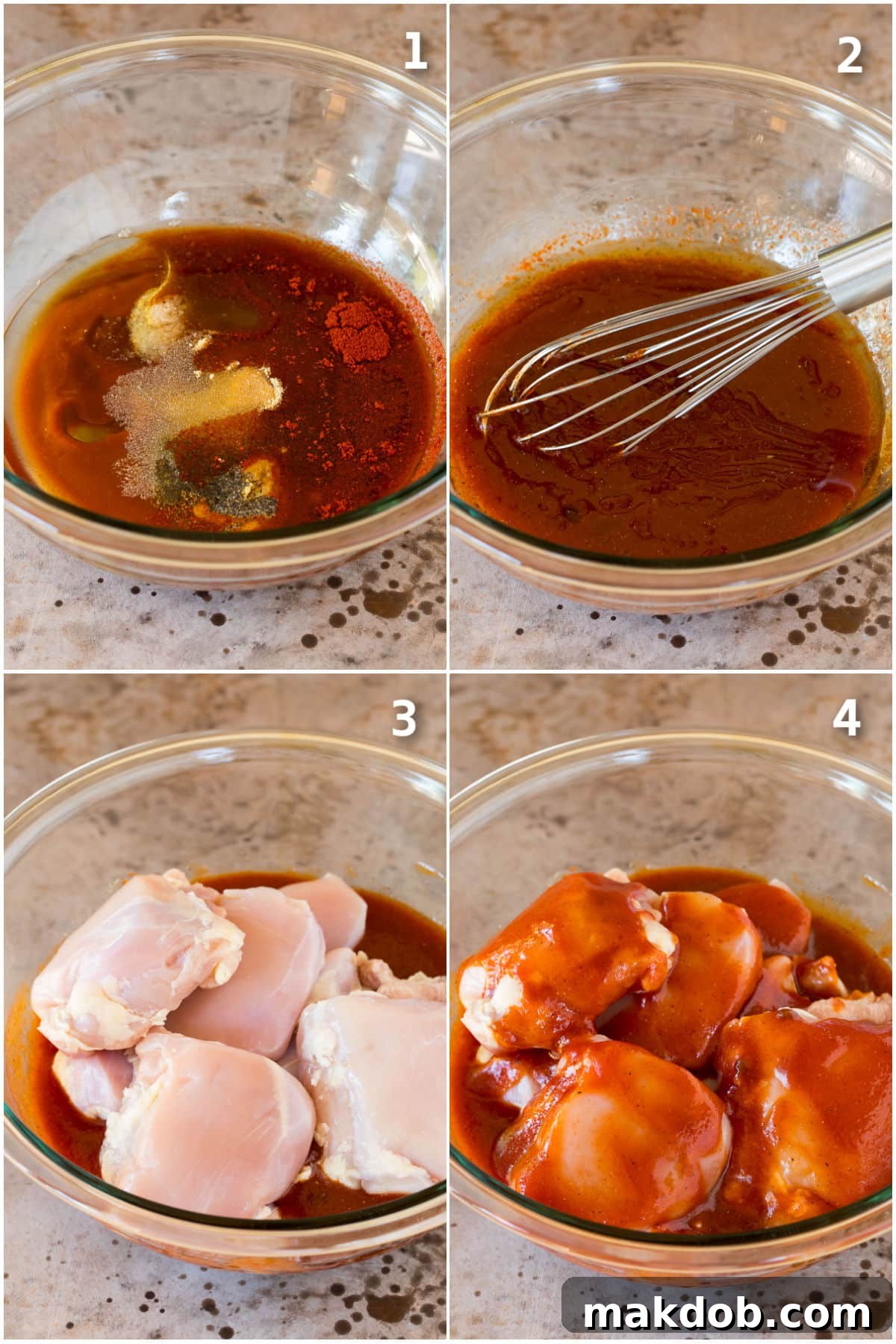 A visual guide showing the step-by-step preparation of BBQ chicken marinade, from combining ingredients to marinating the chicken.