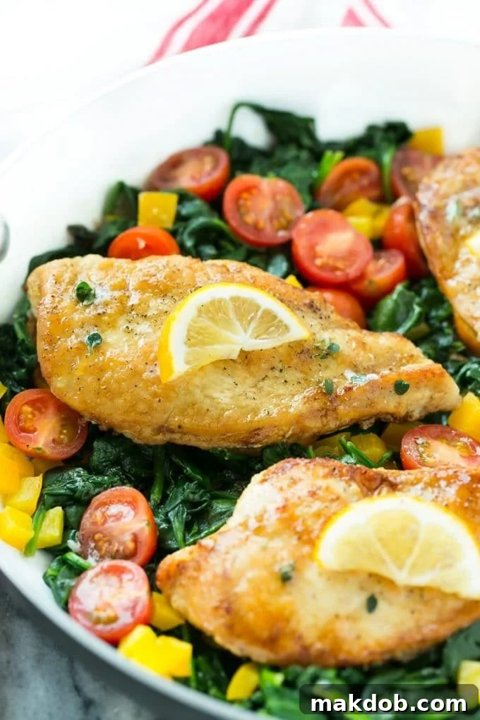 Golden-Brown Chicken & Wilted Spinach Skillet 3 Pan seared chicken breast served with spinach and tomatoes, glistening with lemon-butter sauce.