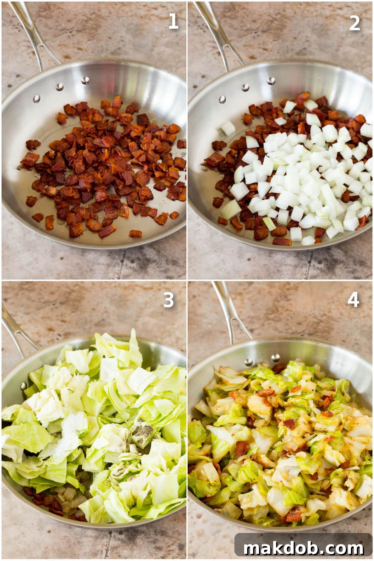 Step by step shots showing how to cook bacon, onions, cabbage and noodles for Haluski.