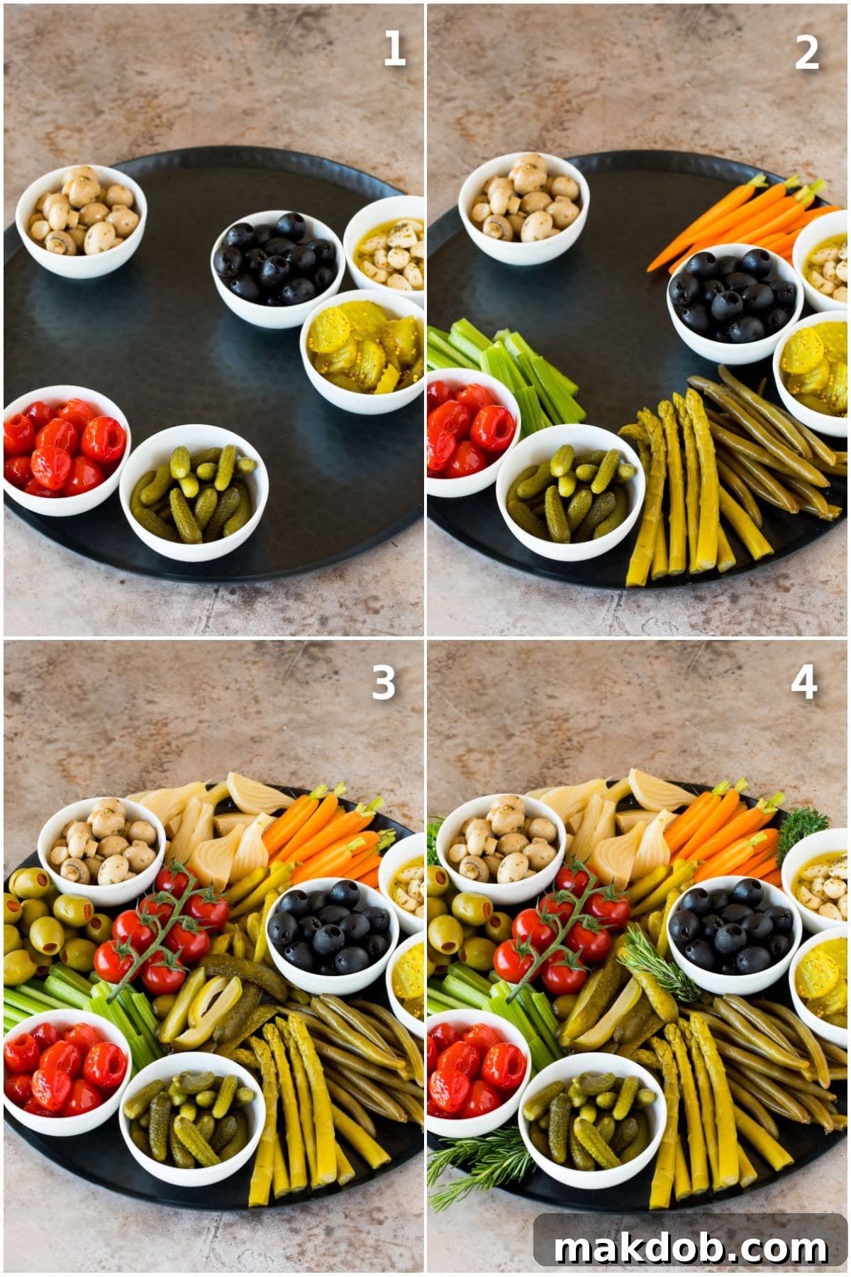 Step-by-step process shots demonstrating how to efficiently arrange a diverse selection of ingredients onto a relish tray.