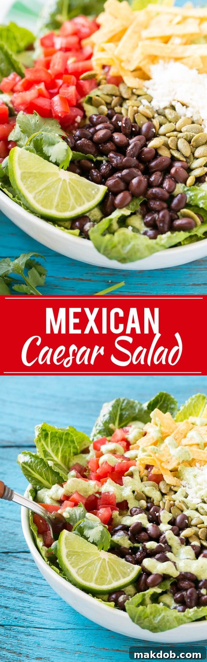 Mexican Caesar Salad Recipe | Caesar Salad | Mexican Salad #salad #beans #lunch #dinner #dinneratthezoo A vibrant Mexican Caesar Salad featuring crisp romaine lettuce, black beans, diced tomatoes, cotija cheese, and crunchy tortilla strips, all dressed with a creamy cilantro dressing.
