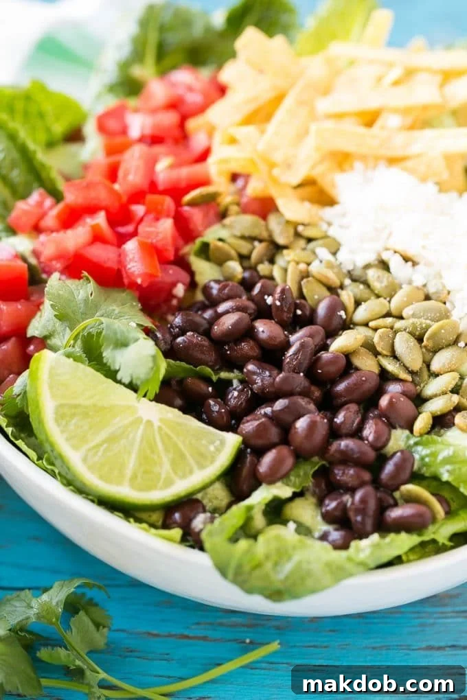 Mexican Caesar Salad Recipe | Caesar Salad | Mexican Salad #salad #beans #lunch #dinner #dinneratthezoo A bowl of romaine lettuce with beans, tomatoes, pepitas and cheese.