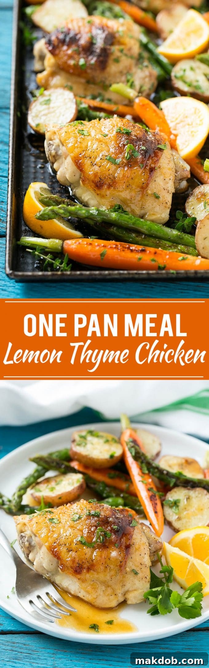 A beautifully roasted lemon thyme chicken with new potatoes and spring vegetables on a sheet pan, ready to serve.