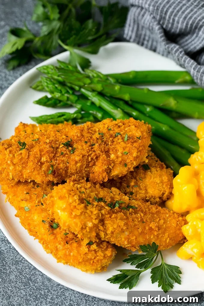 Cornflake Chicken Recipe | Chicken Fingers #chicken #dinner #dinneratthezoo Cornflake crusted chicken fingers served with asparagus and mac and cheese.