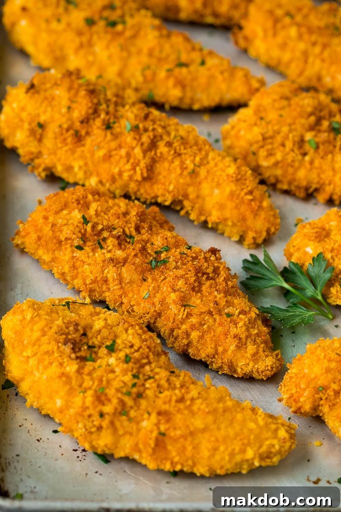 Cornflake Chicken Recipe | Chicken Fingers #chicken #dinner #dinneratthezoo Baked cornflake chicken on a sheet pan.