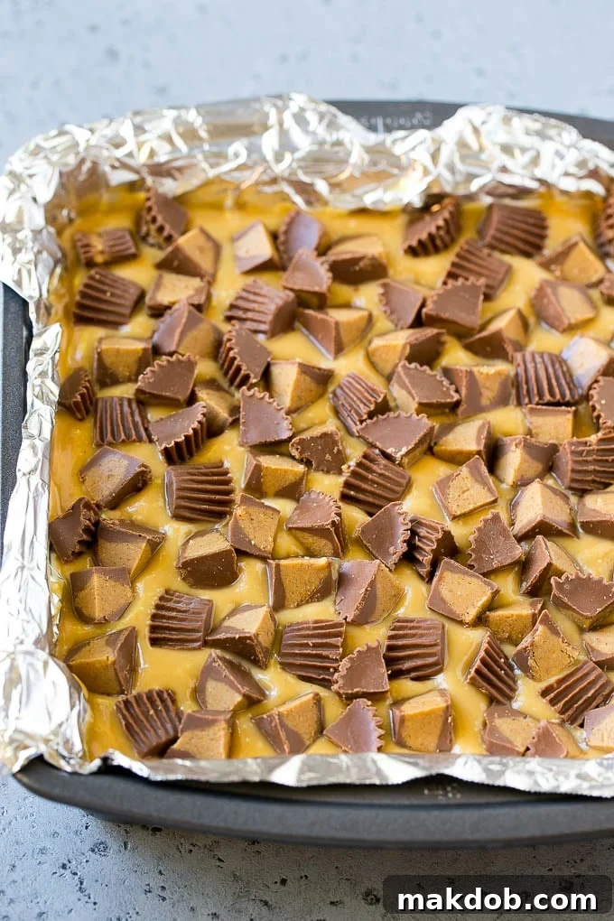 Layered Peanut Butter Chocolate Fudge Ready to Chill A pan filled with beautifully layered peanut butter and chocolate fudge, adorned with mini peanut butter cups, waiting to be cut into squares.