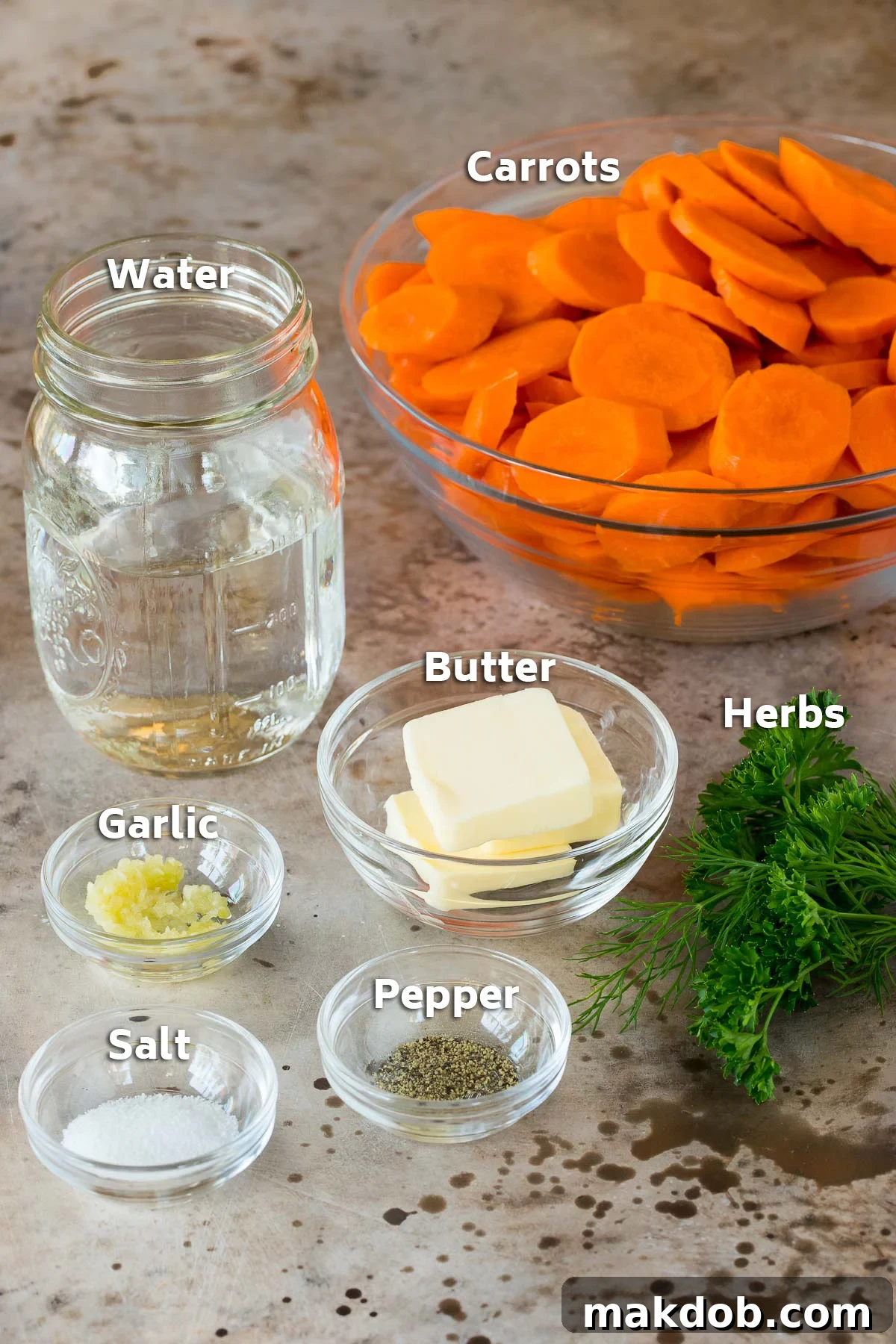 Bowls of ingredients including vegetables, butter and seasonings.