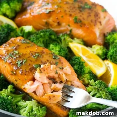 Seared honey mustard salmon fillets with broccoli