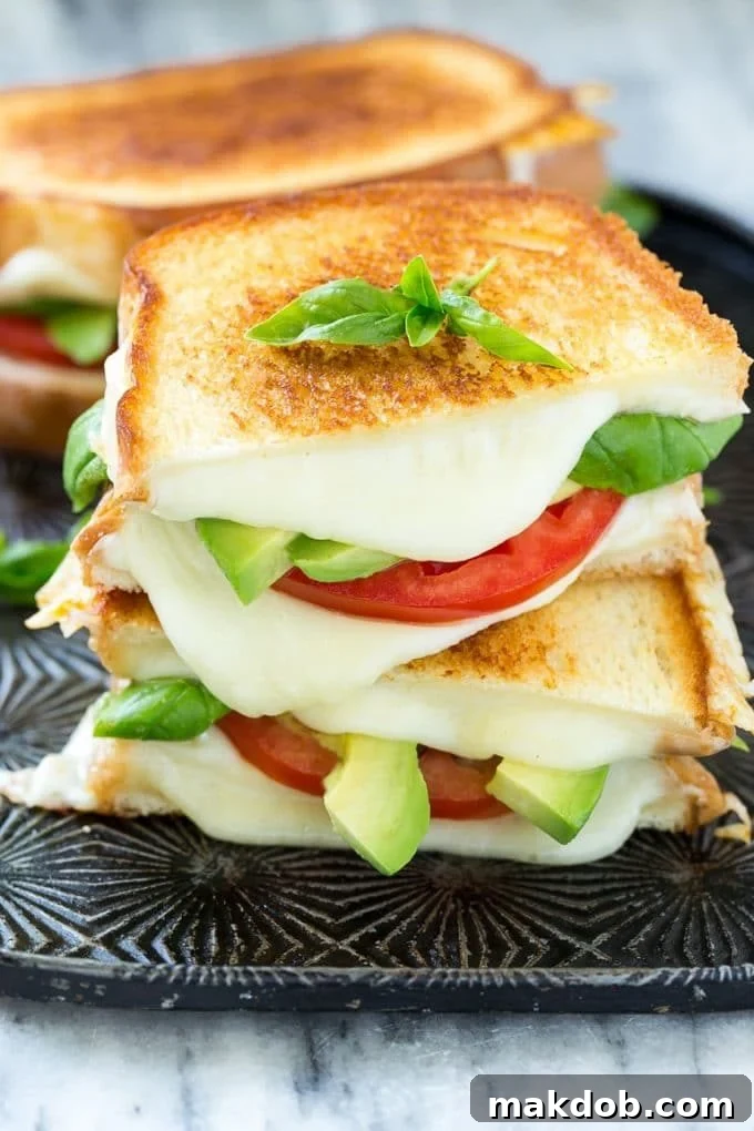 A vibrant Caprese sandwich featuring golden-brown toasted bread, juicy red tomatoes, melted mozzarella cheese, fresh green basil, and creamy avocado slices.