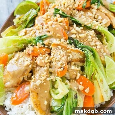 This recipe for Thai peanut chicken is a quick and easy stir fry with seared chicken and colorful vegetables, all covered in a homemade peanut sauce. Serve it with a side of rice for a complete meal that's ready in less than 30 minutes!