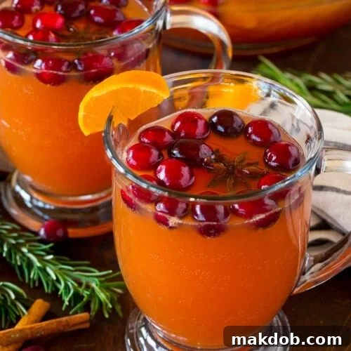 Mugs of Thanksgiving punch garnished with cranberries and oranges, featured in the recipe card.