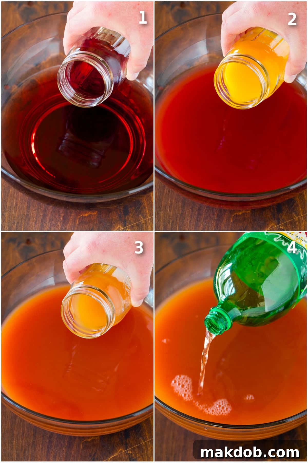 Step-by-step process shots showing fruit juices and ginger ale being poured into a large punch bowl.